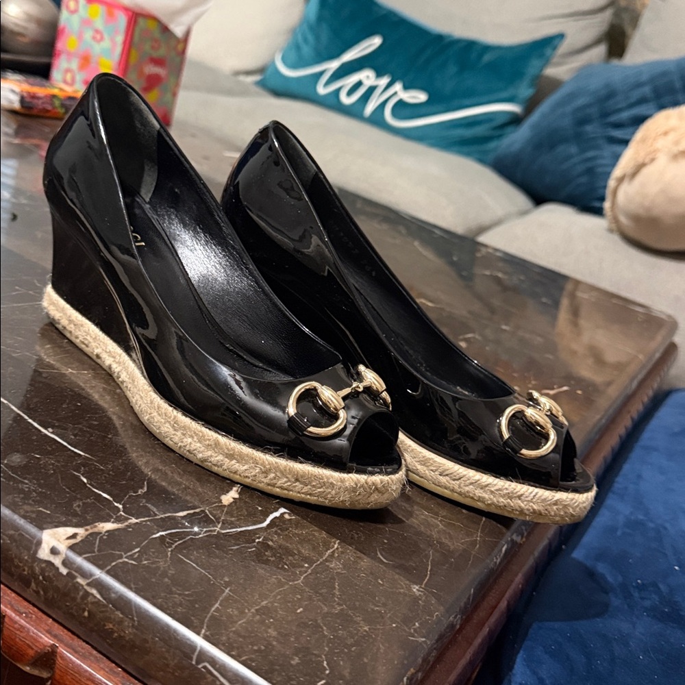 Gucci Black Patent Leather Espadrille Wedges